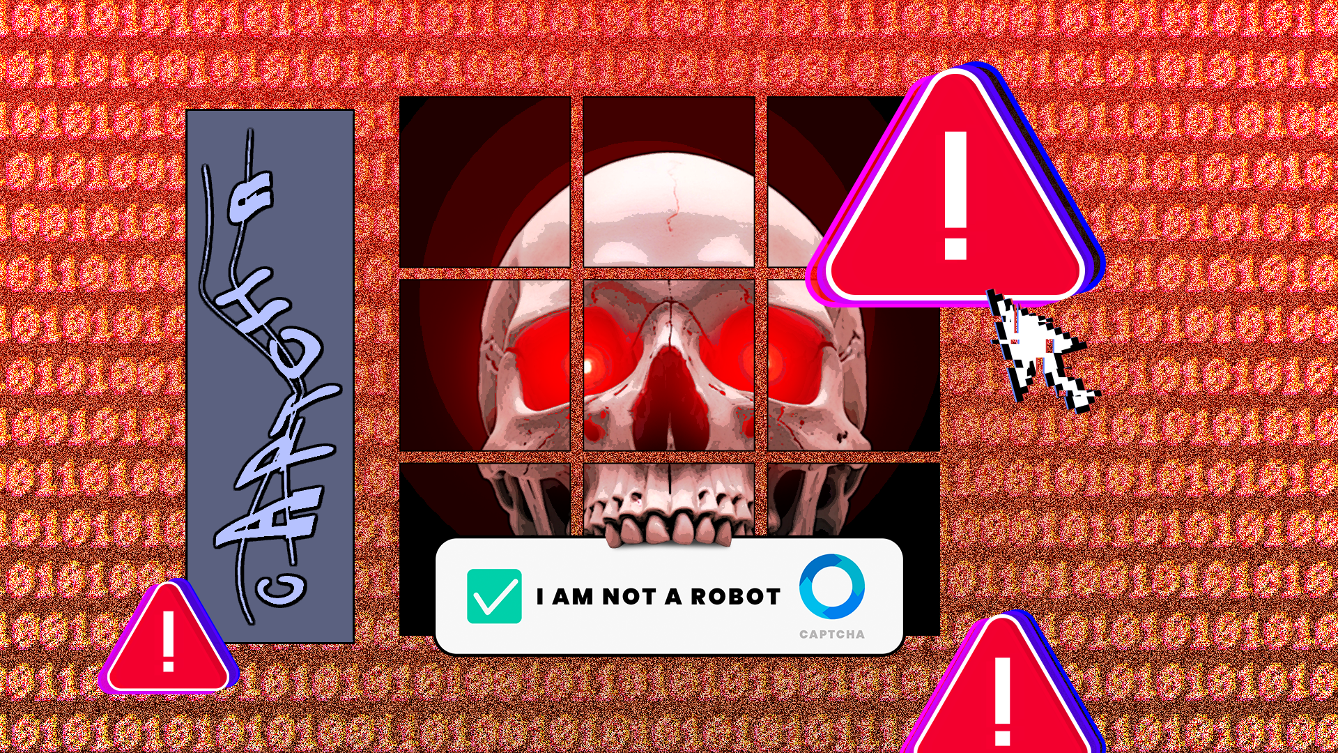 A captcha that shows a skull with warning signs around it.