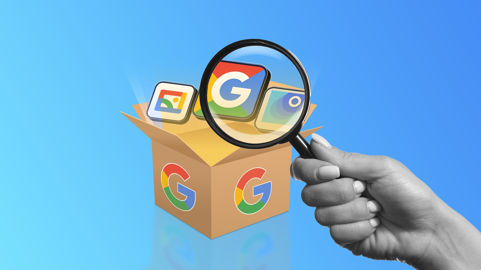A cardboard box with the Google logo containing three Google app icons, with a hand holding a magnifying glass over them.
