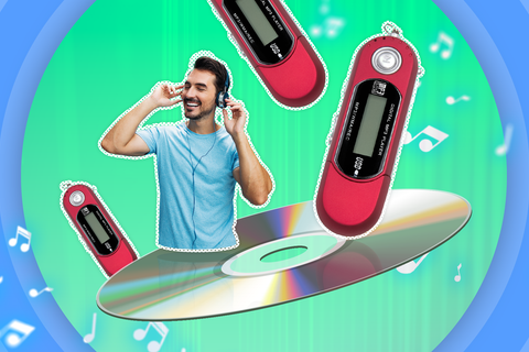 A CD with some MP3 players beside it and a man listening to music using headphones.