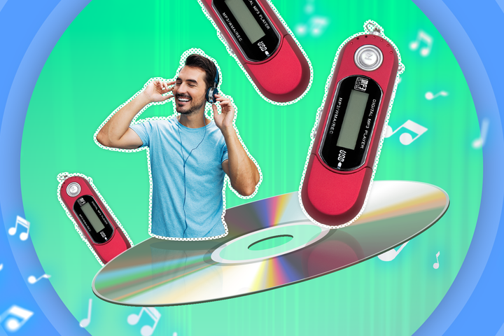 A CD with some MP3 players beside it and a man listening to music using headphones.