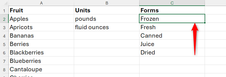 A cell at the top of column of text in Excel is selected.