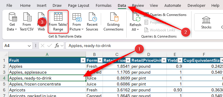 A cell is selected in an Excel dataset, and From Table Or Range is selected in the Data tab on the ribbon.