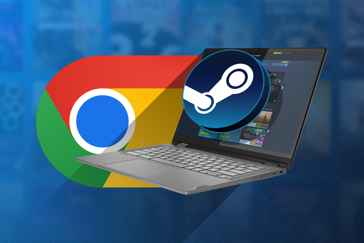 A Chromebook with Steam open, with the Steam logo and the Chrome logo next to it.