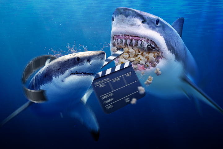 A clapperboard between two sharks, one with a film reel around it, the other spitting out popcorn.