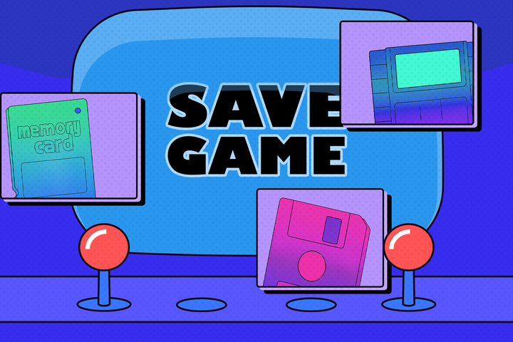 A colorful arcade-style illustration with the words 'SAVE GAME' displayed on a retro screen, surrounded by a memory card, a floppy disk, and a game cartridge.