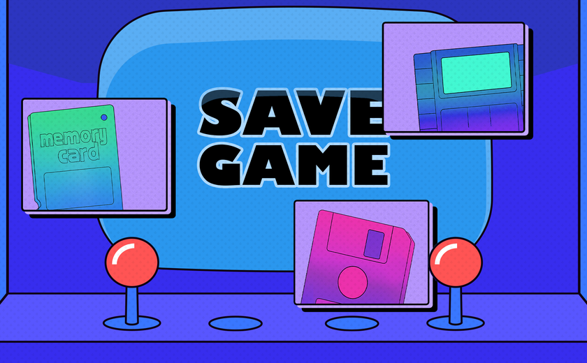 A colorful arcade-style illustration with the words 'SAVE GAME' displayed on a retro screen, surrounded by a memory card, a floppy disk, and a game cartridge.