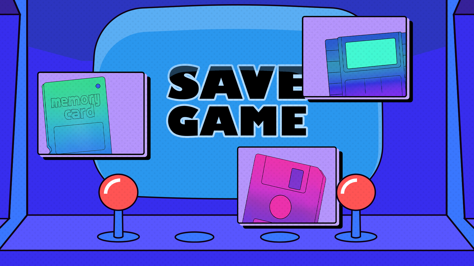 A colorful arcade-style illustration with the words 'SAVE GAME' displayed on a retro screen, surrounded by a memory card, a floppy disk, and a game cartridge.