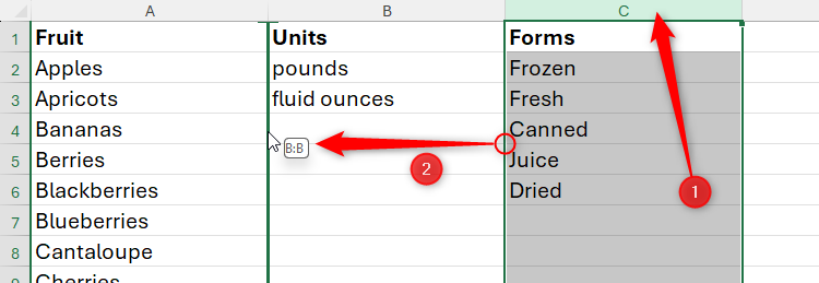 A column in Excel is being inserted between other columns by clicking and dragging the column while pressing Shift.