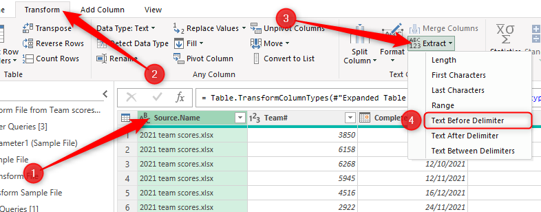 A column is selected in Excel's Power Query Editor, and Text Before Delimiter is selected in the Extract drop-down menu.