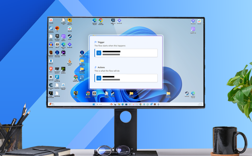 A computer screen showing a messy Windows 11 desktop with a Power Automate flow window in the center.