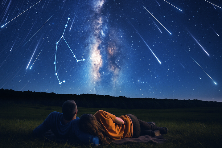 A couple lying on the grass watching a meteor shower, with the Perseus constellation outlined in the night sky.