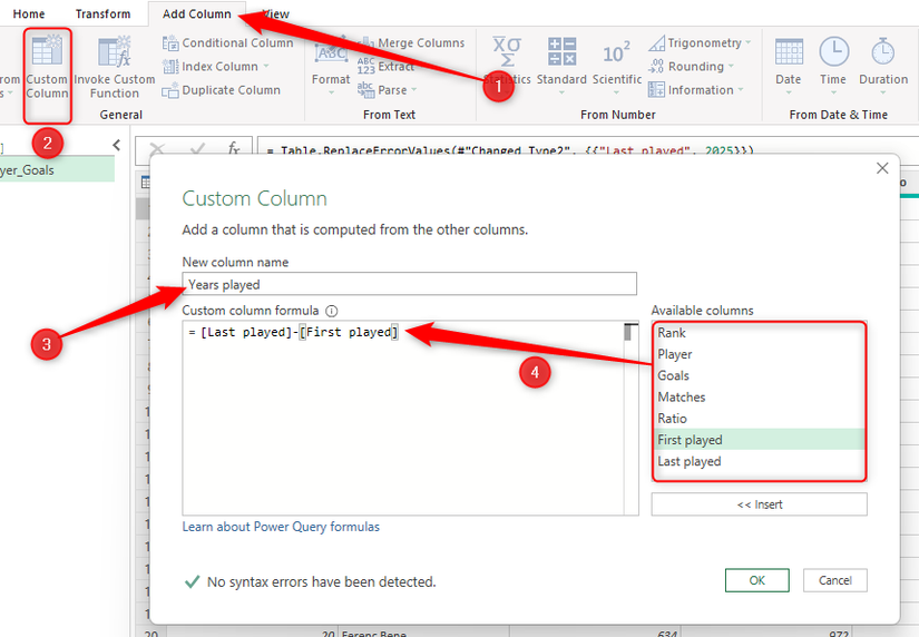 A custom column containing a subtraction being added in Excel's Power Query Editor.