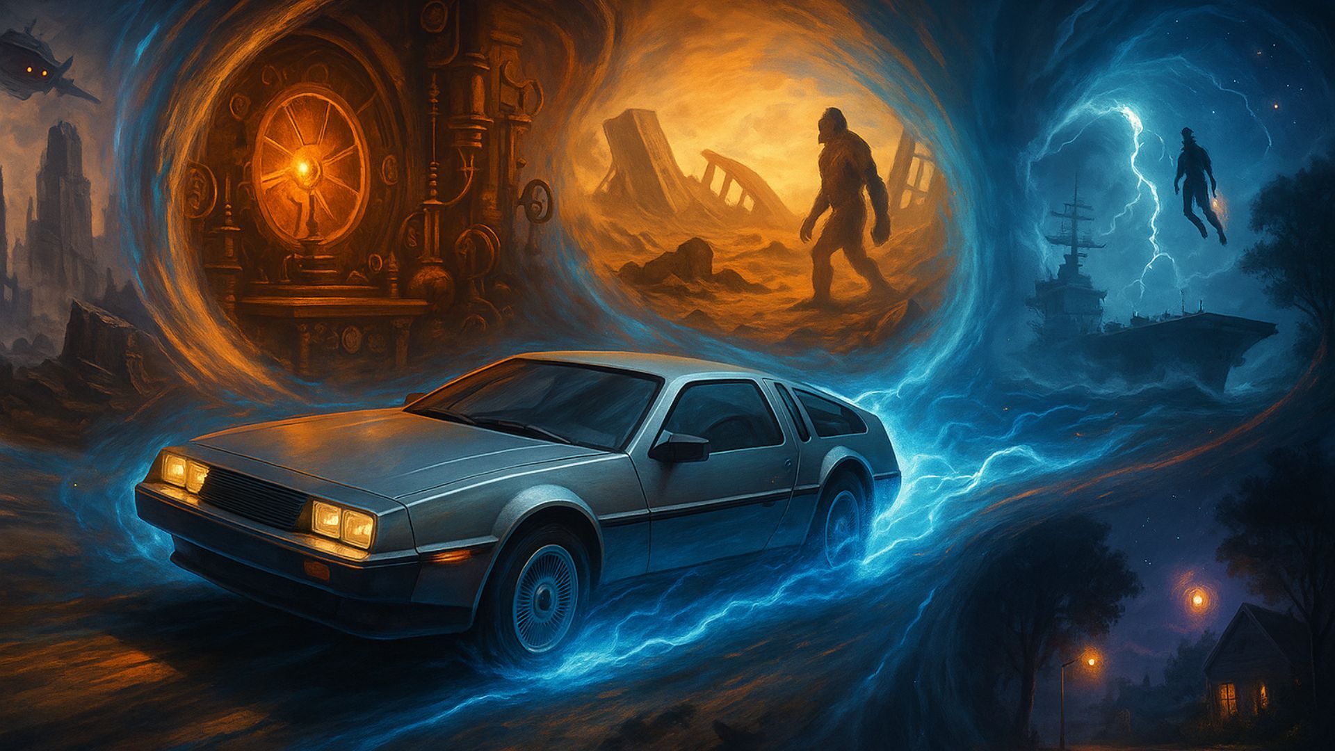 A Delorean streaks through scenes from other time-travel movies.