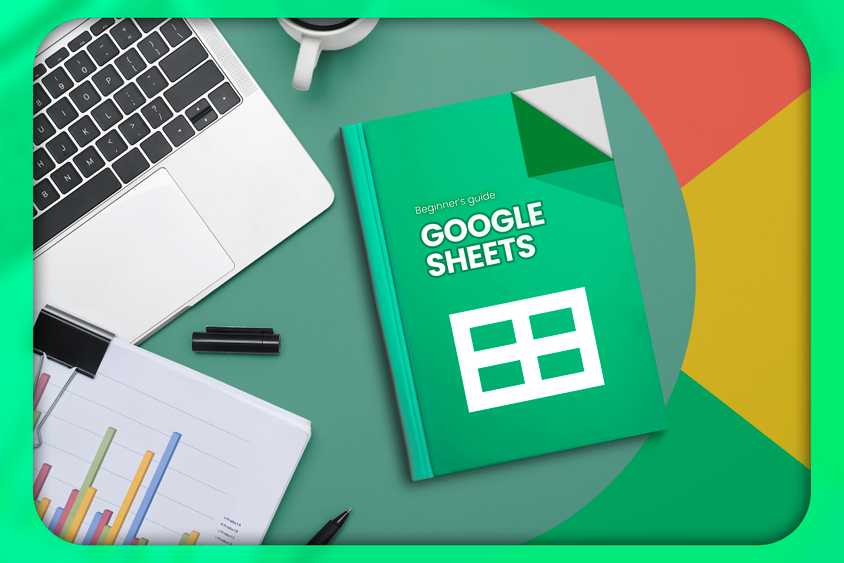 A desk with a laptop, a sheet with some graphs, and a book with the Google Sheets logo.