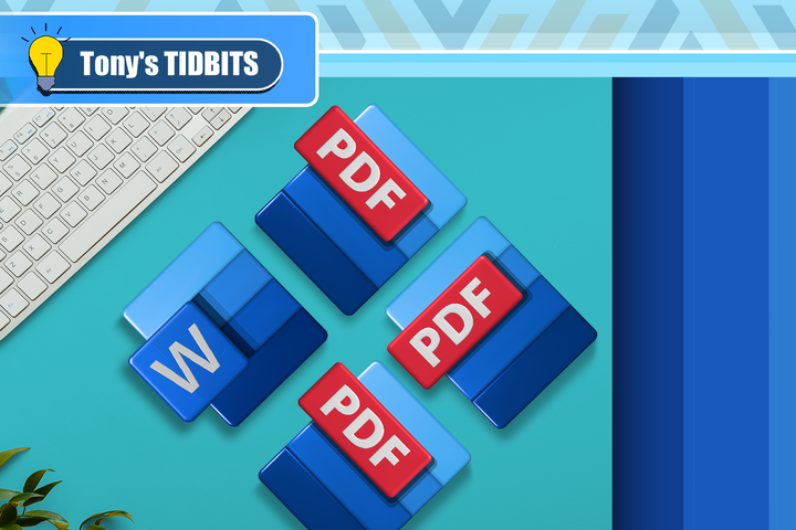 A desk with the Word logo and some PDFs next to it.