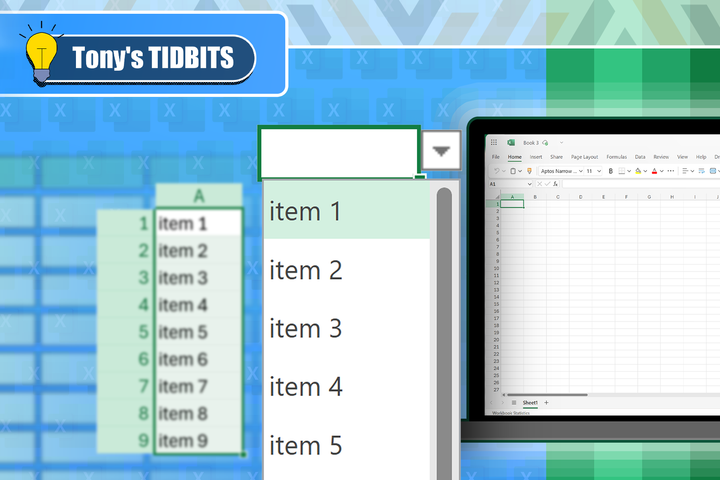 A drop-down list in Microsoft Excel with a column on the left containing the list items and a laptop on the right.