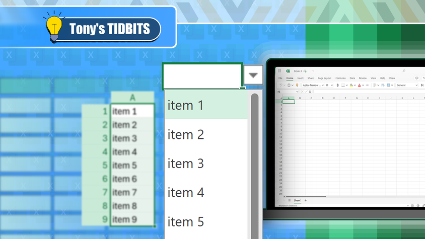A drop-down list in Microsoft Excel with a column on the left containing the list items and a laptop on the right.