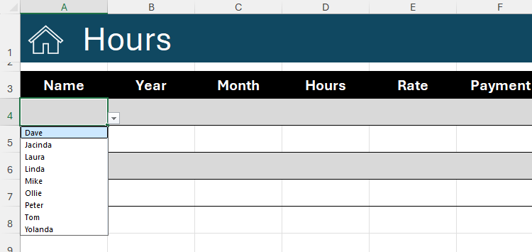 A drop-down list of names in Microsoft Excel, added through data validation rules.