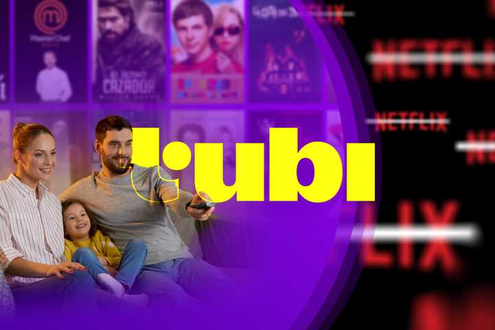 A family watching TV on the couch with the Tubi logo in the center and, blurred to the right, several Netflix logos crossed out.