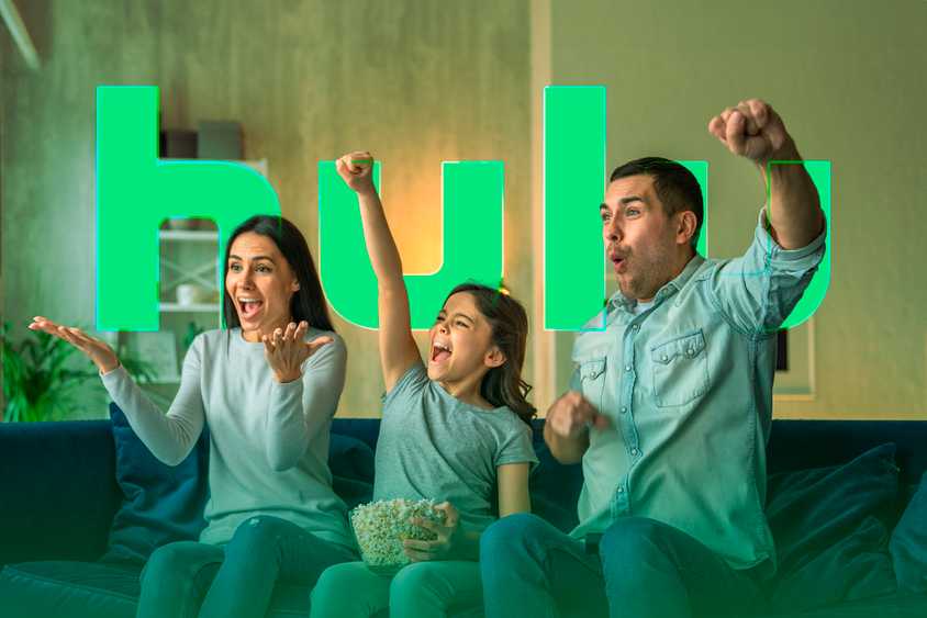 A family watching TV with the Hulu logo in the background.