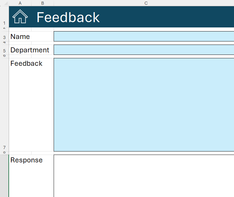 A feedback form in Microsoft Excel, with the empty entry cells colored light blue.
