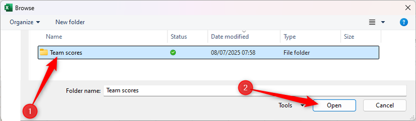 A folder named Team Scores in Windows 11 is selected in the Browse dialog box, and the Open button is highlighted.
