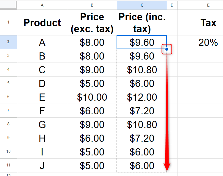 A formula containing an absolute reference is duplicated to other cells in a column by clicking and dragging the fill handle.