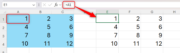 A formula in a cell in Excel that dynamically duplicates the value of another cell.
