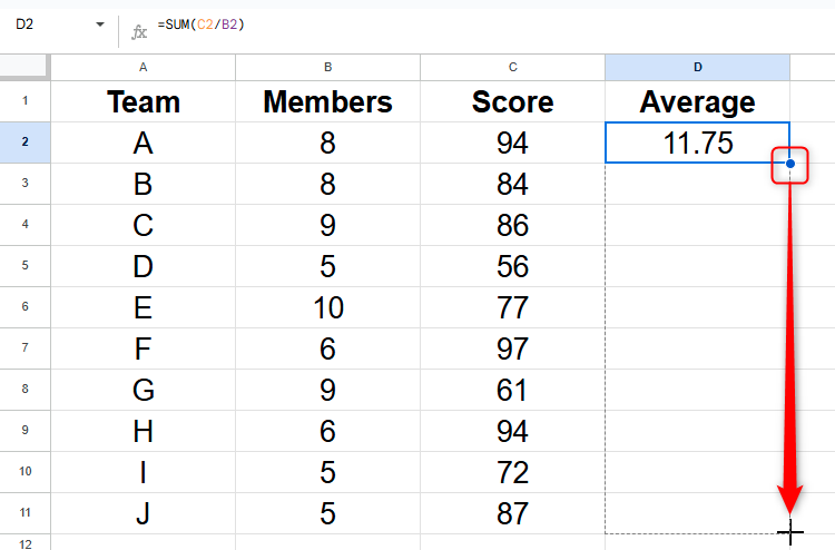 A formula in Google Sheets is duplicated to the remaining cells in a column using the fill handle.