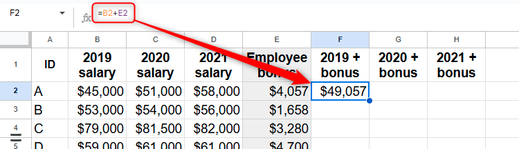 A formula in Google Sheets that adds an employee's 2019 salary to their bonus for the same year.