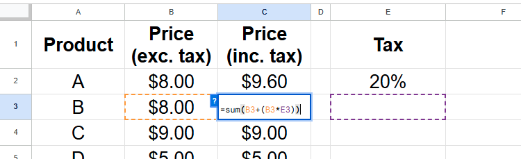 A formula in Google Sheets that references the incorrect cell because relative references are used.