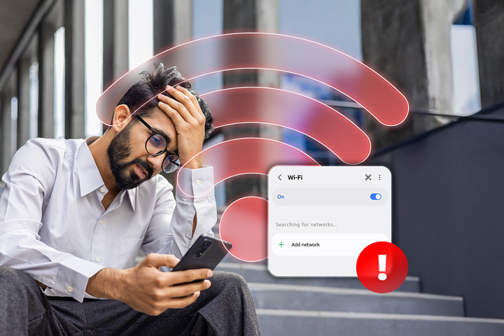 A frustrated man sitting on stairs with a smartphone, a red Wi-Fi symbol overlayed, and a screen showing Wi-Fi settings with a warning sign.