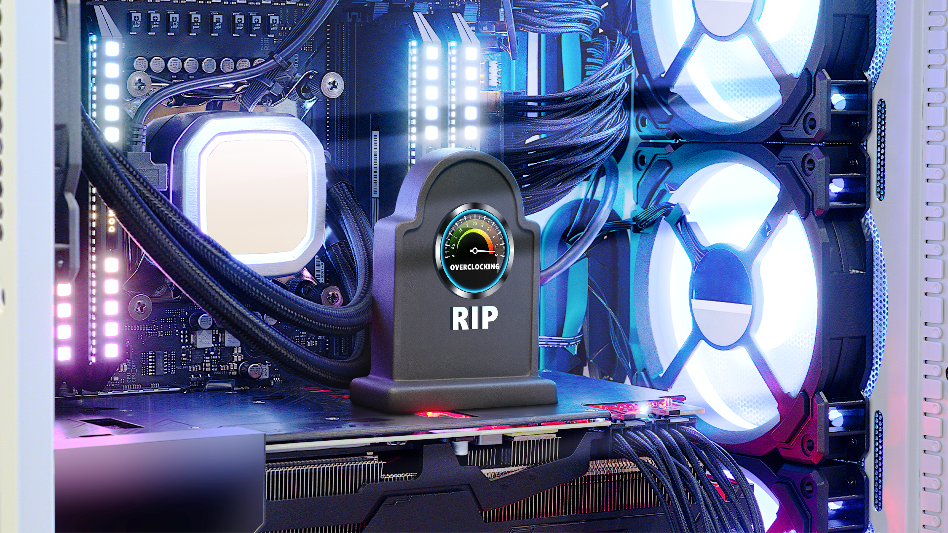 A gaming PC with glowing lights, featuring a small tombstone placed on the GPU that reads 'RIP' with an Overclocking gauge.