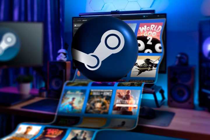 A gaming PC with several Steam games coming out of the screen and the Steam logo in the center. (1)