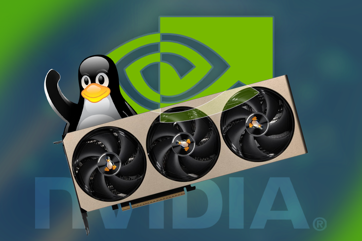 A GPU with the Linux mascot beside it and the Nvidia logo in the background.