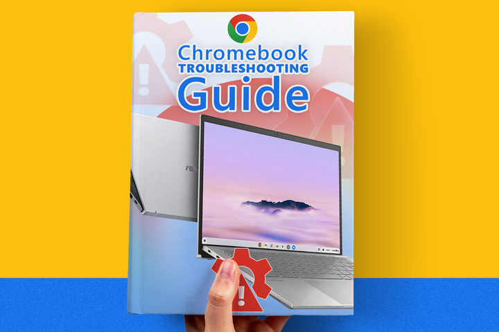 A hand holding a book titled 'Chromebook Troubleshooting Guide', with a Chromebook image, a gear, and a warning icon on the cover.