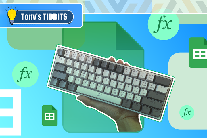 A hand holding a compact mechanical keyboard in the center, surrounded by floating Google Sheets icons and green 'fx' formula symbols on a blue gradient background.