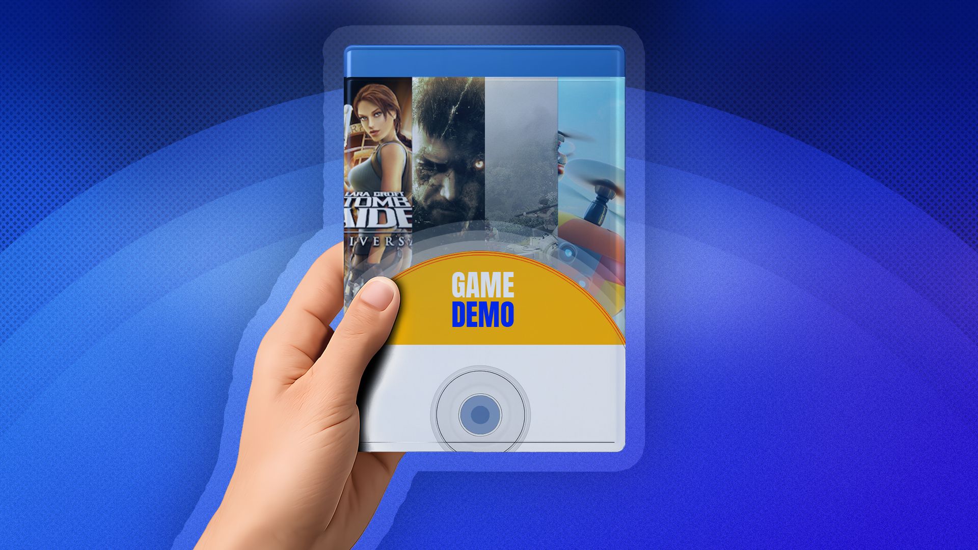 A hand holding a disc case with some game images and 'GAME DEMO' written on it