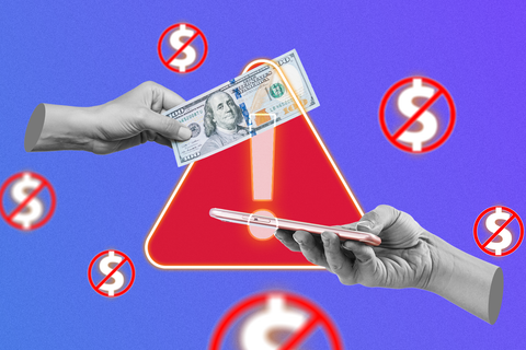 A hand holding a dollar bill, another hand holding a smartphone, several crossed-out dollar signs around, and a warning sign in the background.