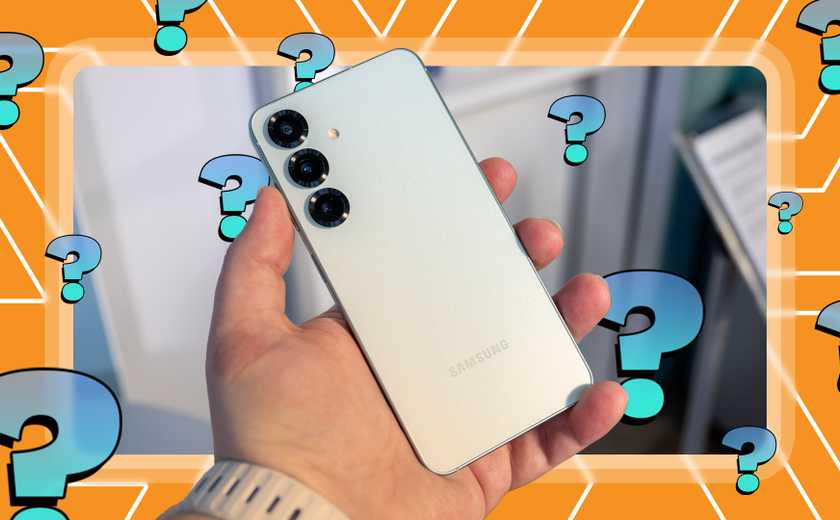 A hand holding a Samsung Galaxy S25 and several question marks around.