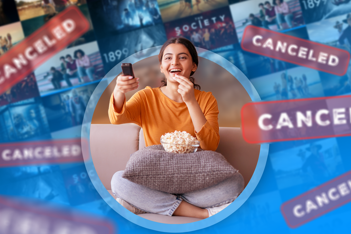 A happy woman eating popcorn and holding a TV remote, with several canceled TV shows in the background.