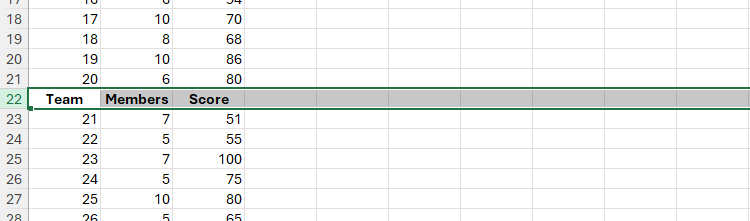 A header row is duplicated in row 22 in Excel.