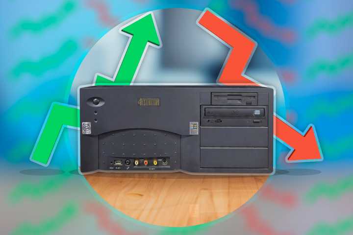 A home theater PC with an upward arrow and a downward arrow, representing rise and fall.