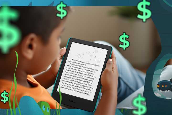 A kid reading a Kindle with some dollar signs around.