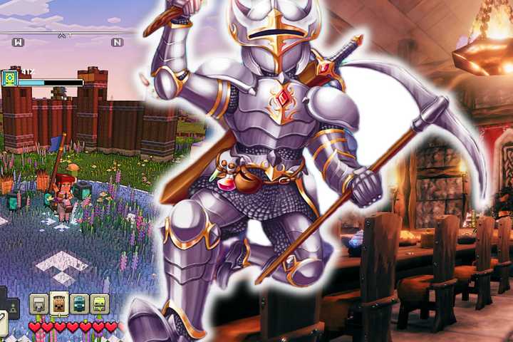 A knight from Terraia jumping in between an eating hall in Valheim and a player riding a horse in Minecraft Legends.