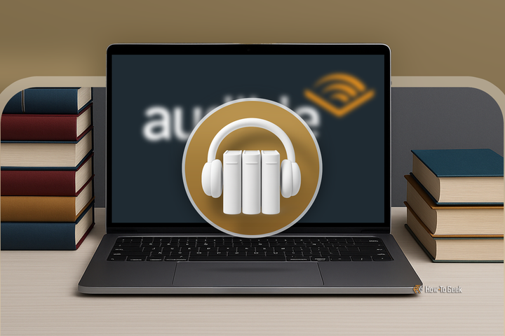 A laptop on a desk with books beside it, the Audible logo blurred on the screen and the AudioBookshelf logo in the foreground.