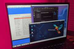 A laptop panel with several Linux distributions running in terminal connections and virtual machines.