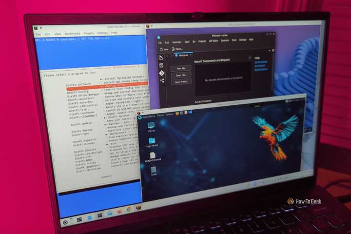A laptop panel with several Linux distributions running in terminal connections and virtual machines.