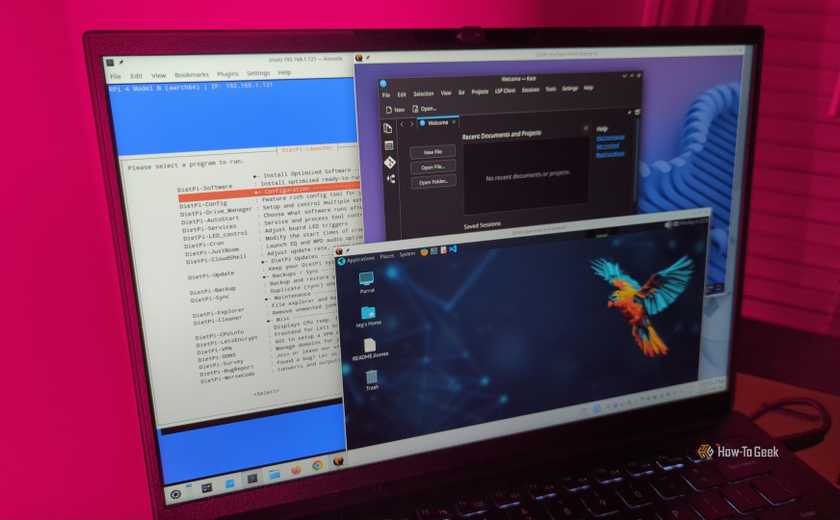 A laptop panel with several Linux distributions running in terminal connections and virtual machines.