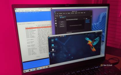 A laptop panel with several Linux distributions running in terminal connections and virtual machines.